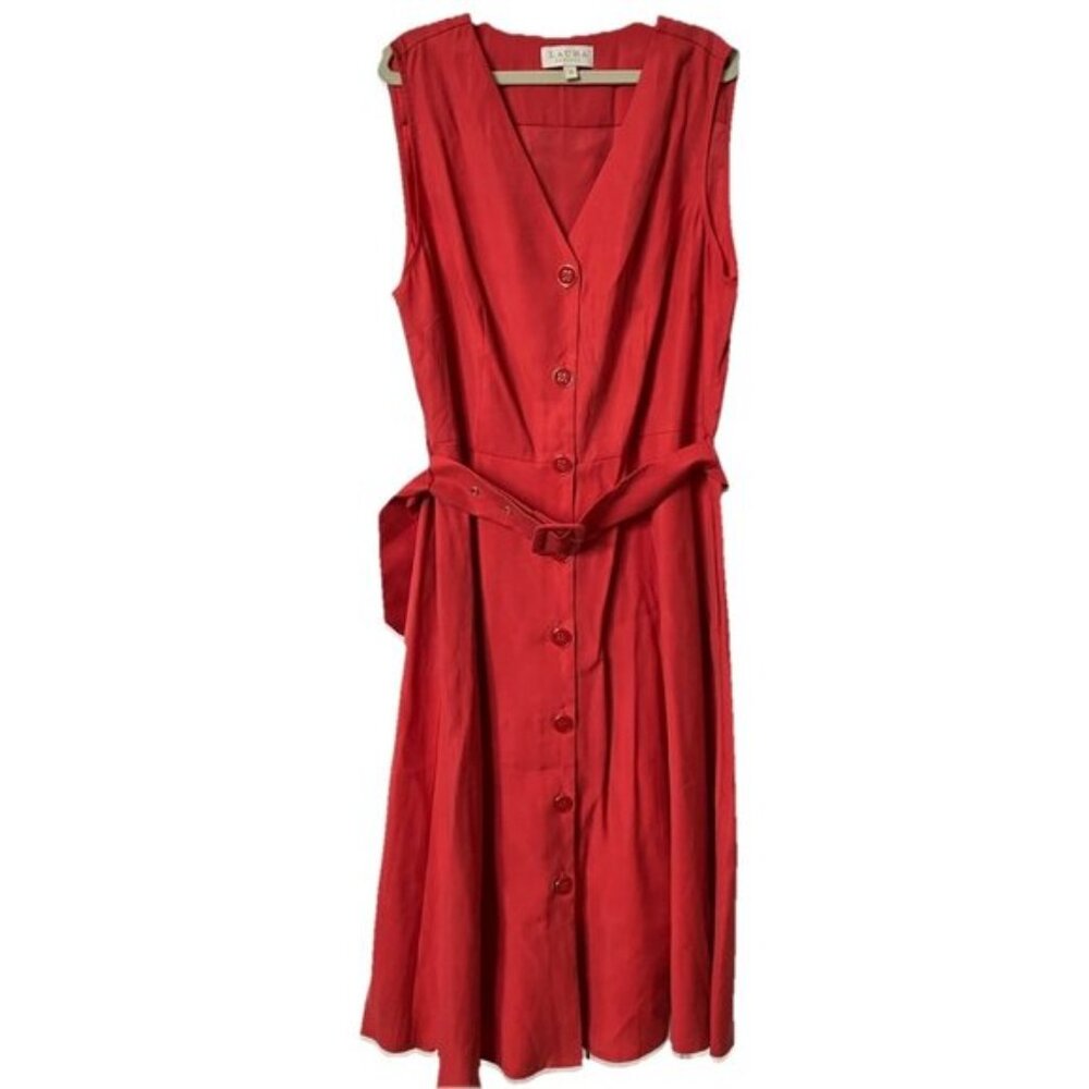 Laura Dress Womens 8 Petite Button Front Belted Sleeveless Shirt Dress Pink